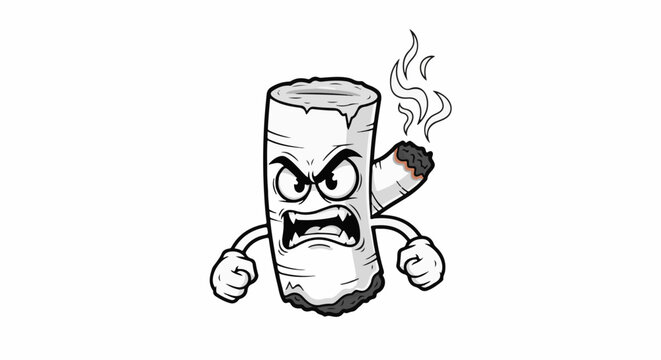 Angry cartoon cigarette character with smoke and clenched fists