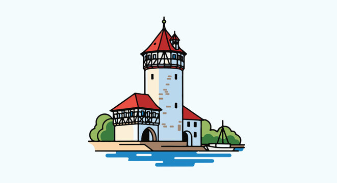 An illustrated tower and boathouse complex on a waterfront