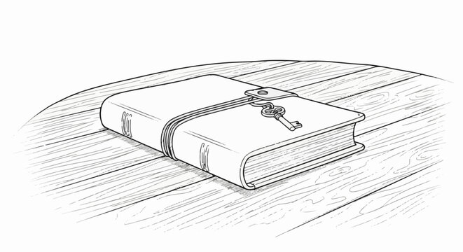 Antique bound book with a small key securing it rests on a wooden surface