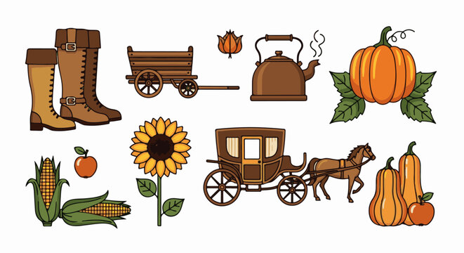 Autumnal harvest and transport scene with boots, kettle, carriage, and produce