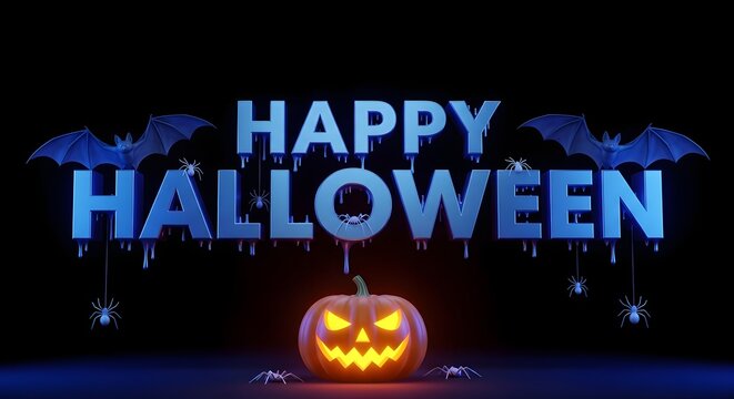 Spooky halloween text with dripping blue slime, bats, spiders, and a glowing jackolantern