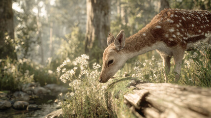 Obraz premium A Graceful Young Fallow Deer Fawn Grazing Peacefully in a Sun-Drenched Enchanted Forest Clearing Beside a Gentle Stream with Wild White Flowers and Mossy Logs in Beautiful Cinematic Soft Morning Light
