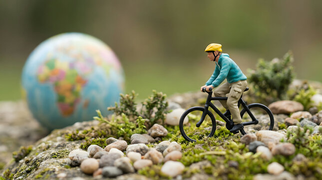 Miniature cyclist riding on rocks with globe background