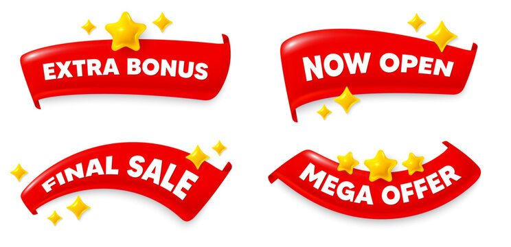 Extra bonus flag ribbon. Mega discount, Final sale, Now open. Extra bonus offer tag. Special gift promo sign. Sale promotion symbol. Red flag ribbon banners. Promo offer tags. Vector