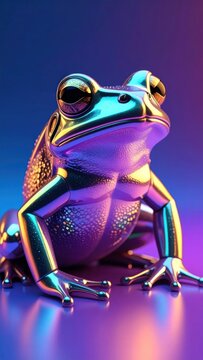 Metallic frog sculpture glows with vibrant purple and blue hues