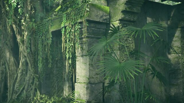 Emerald ruin gateway wrapped in hanging roots and vines, soft mist and filtered rays create enchanted vibe, lush palms and carved stone evoke fantasy