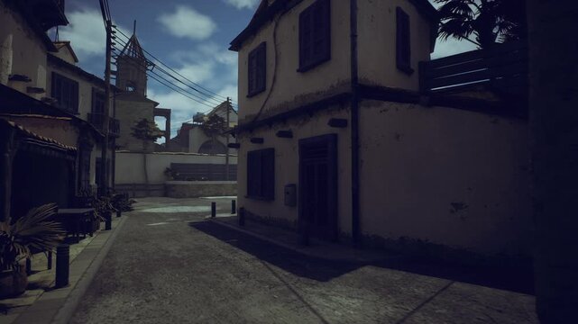 cinematic narrow street with dramatic light and long shadows, textured plaster facades, suspended shade cloths, distant tower silhouette, moody color palette