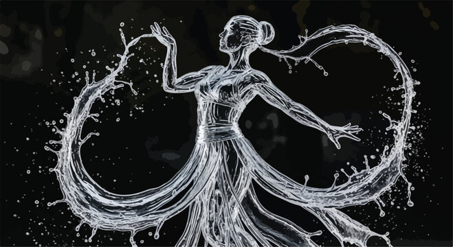 Ethereal water goddess vector illustration, liquid splash female silhouette, flowing aquatic dancer figure on black background, mystical spirit of nature