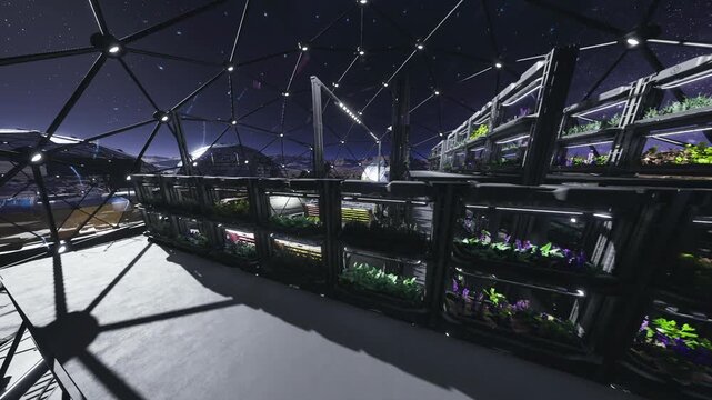 nocturnal rooftop greenhouse corridor with skyline view, led rails illuminating stacked trays, reflective floor casting starry shadows, calm maintenanceready