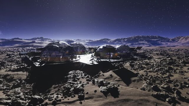 Isolated outpost across barren crater plain, distant domes glowing against cold night, rugged pathways and supply platforms, sense of solitude and endurance.
