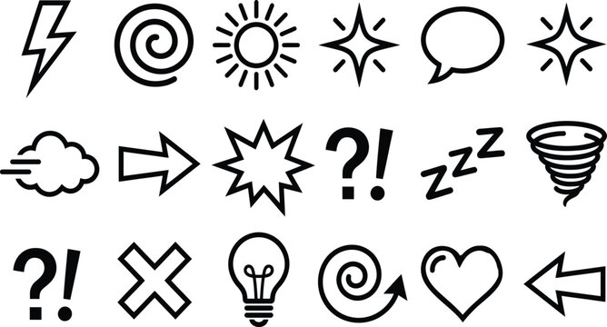 Collection of black outline comic book style icons for web and mobile applications on transparent background.