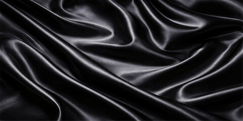 Fototapeta premium An elegant black satin fabric background features smooth silky waves and a soft shiny texture, creating a luxury drapery backdrop with graceful curves for fashion and decorative design