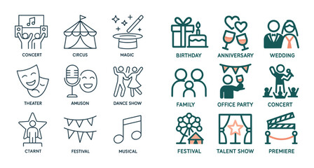 Fototapeta premium Event icons showing celebrations performances and gatherings