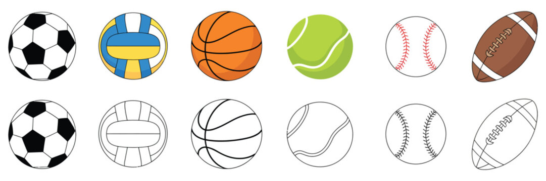 Sports Balls Icon Set, Vector Collection of Football, Volleyball, Basketball, Soccer, Tennis and Baseball Balls, Clean Flat Design for Sports Equipment, Game UI, Apps and Athletic Graphics