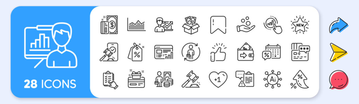 Discounts calendar, Checklist and Web report line icons. Interest rate, AI generate, Inflation icons. Pack of New star, Auction, Loyalty card icon. Vector
