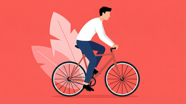 man riding bicycle with leaves on red background