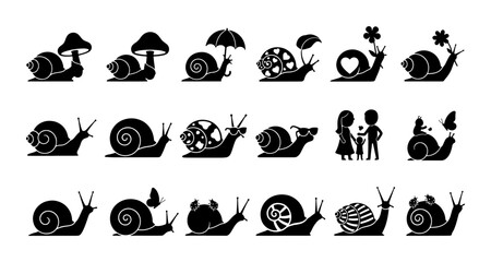 Black snail silhouette icons set, 18 garden gastropod vector elements, cute mollusks with mushrooms and flowers, nature wildlife character collection © Shanjida