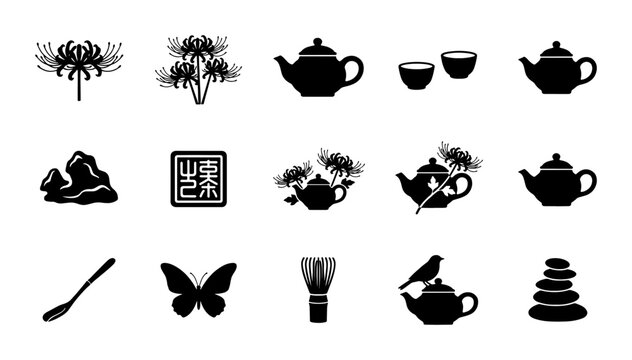 Japanese tea ceremony icon set, traditional matcha culture vector silhouettes, 15 zen lifestyle elements including teapots and spider lilies