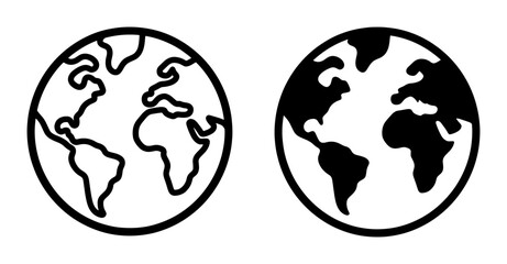 Minimalist world globe icons, black and white earth map symbols, set of 2 vector planet spheres for global business and environment concepts © Shanjida