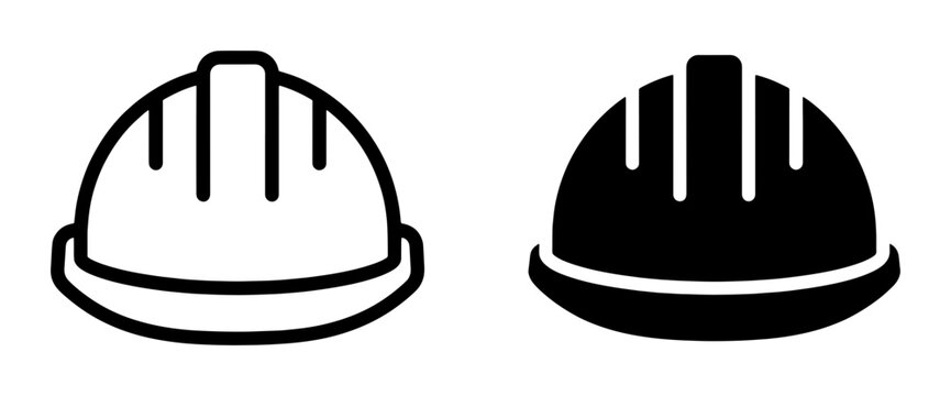 Industrial safety helmet icons, construction hard hat vector set, black and white protective headgear symbols for site engineering and labor safety