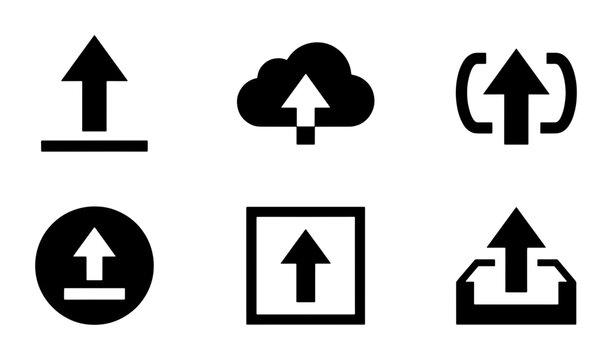 Upload icon set with 6 black vector symbols, cloud storage and data transfer arrows, minimalist interface buttons for web and mobile apps