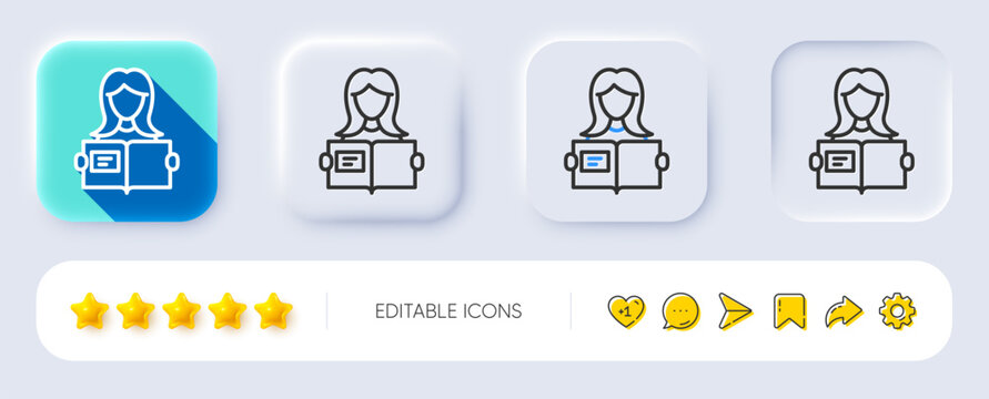 Woman read a Book line icon. Neumorphic, Flat shadow, 3d buttons. Education symbol. Instruction or E-learning sign. Line woman read icon. Social media icons. Vector