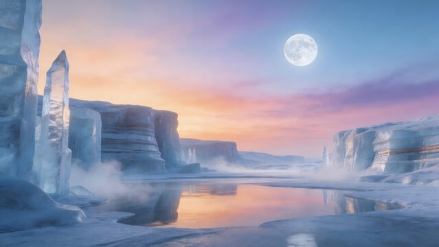 Frozen icy landscape with moon