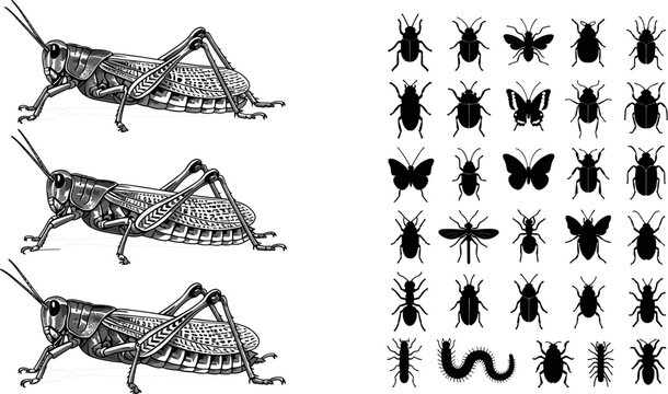 Detailed monochrome grasshopper illustration with black silhouette insect collection set featuring beetle, butterfly, fly and worm