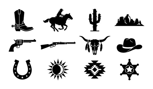 Wild West cowboy silhouette icons, set of 12 western vector elements, black desert ranch symbols including horse rider and sheriff star