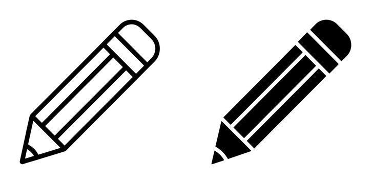 Minimalist pencil icon set with eraser, black outline and solid silhouette vector illustrations, school and office stationery symbols for UI design