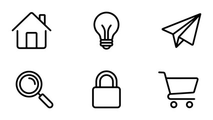 Minimalist line icons set of 6 vector elements, black outline web symbols including home, lightbulb, paper plane, magnifying glass, lock, and shopping cart © Afrose
