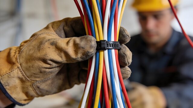 A construction worker wearing protective gloves carefully holds a neatly organized bundle of colorful electrical wires secured with a black zip tie.