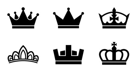 Royal crown silhouette icons, set of 6 black vector tiara and coronet symbols, elegant king and queen headwear for heraldic logo design © Afrose