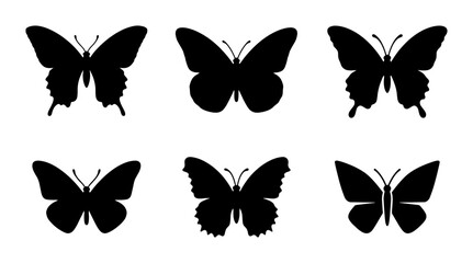 Butterfly silhouette collection, set of 6 black insect vector icons, minimalist butterfly wing shapes for logo design and nature branding © Afrose