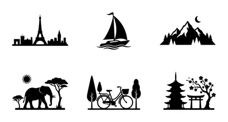 Minimalist travel icons set, black silhouette vacation symbols, collection of 6 vector illustrations featuring landmarks, nature, and adventure themes © Afrose