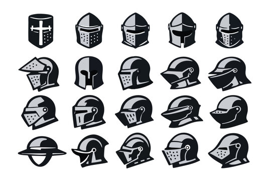 Medieval Knight Helmet Icons Set - Vector Warrior Armor Collection