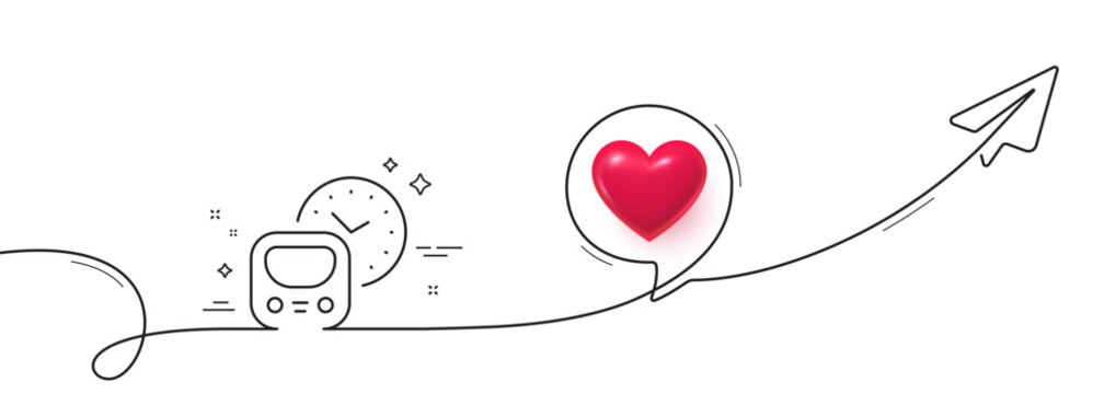 Metro line icon. Continuous line with share plane. Subway time schedule sign. Underground train railway symbol. 3d heart in speech bubble. Metro single line ribbon. Loop curve pattern. Vector