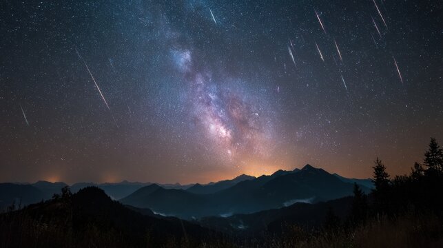 Spectacular meteor shower with shooting stars across Milky Way galaxy over silhouetted mountain range night sky astronomy
