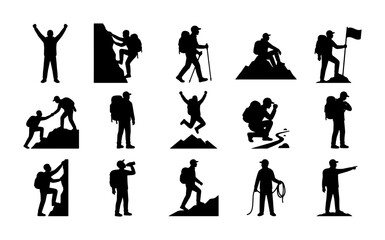Hiking and mountaineering silhouette icons, set of 15 climbing and trekking vector elements, black outdoor adventure people silhouettes © Afrose