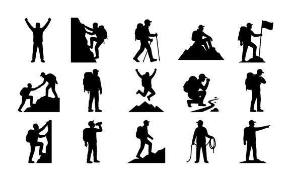 Hiking and mountaineering silhouette icons, set of 15 climbing and trekking vector elements, black outdoor adventure people silhouettes