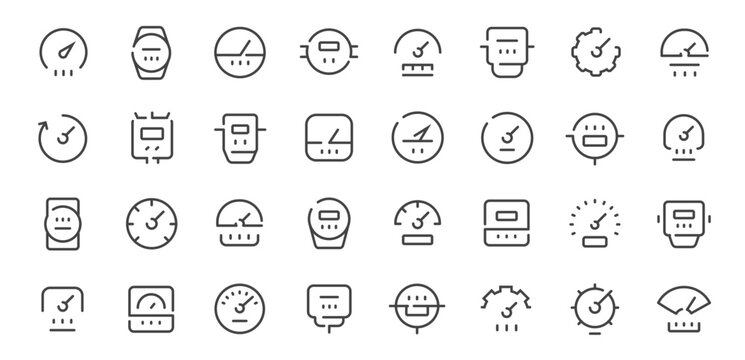 Minimal line gauge icons set. Speedometer dashboard indicators collection of symbols