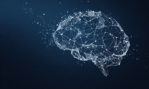Abstract digital polygonal brain formed by glowing white particles and lines on a dark blue gradient background representing artificial intelligence and neural networks in a futuristic concept