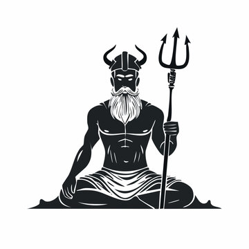 Illustration of a powerful bearded man with a trident and helmet