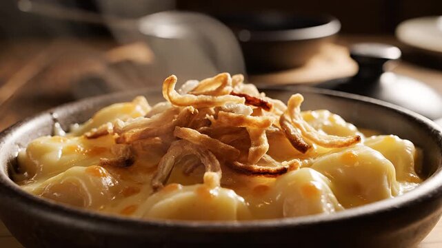 Delicious Macaroni and Cheese with Crispy Onions.