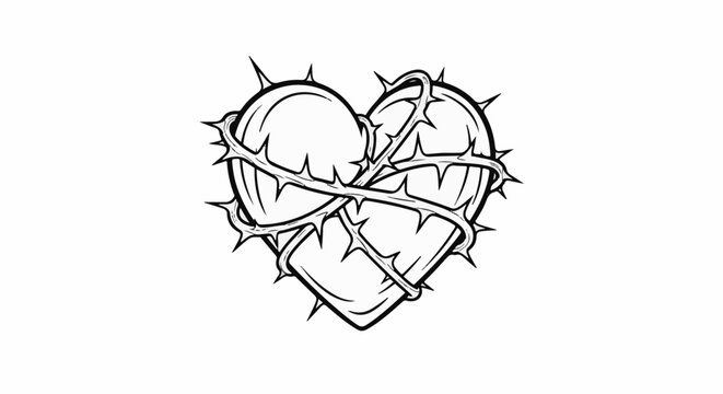 Black and white illustration of a heart entangled in thorns