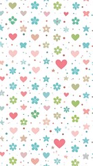 Fototapeta premium Soft pastel pattern with hearts, flowers, stars, and dots on white background