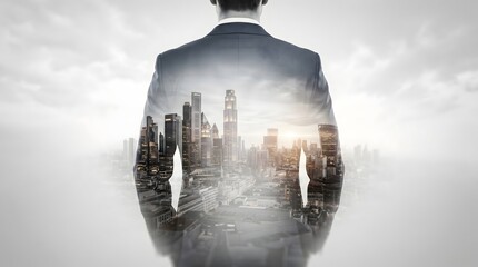 Fototapeta na wymiar Businessman silhouette superimposed with city skyline at dusk