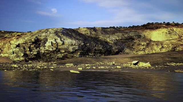Rugged wild coast frames isolated coves and rock shelves, crashing micro waves and scattered foam create remote island feeling, outdoor adventure tone