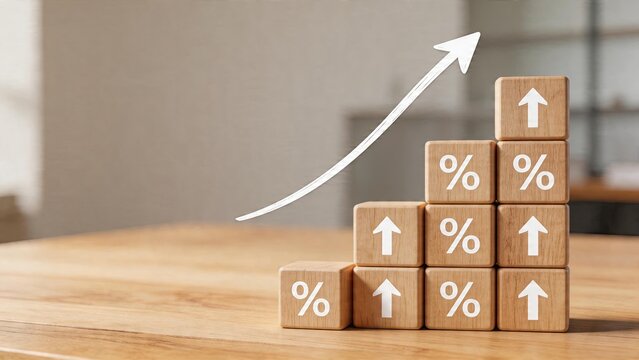 Business concept wooden cube blocks stacked into a growth chart percentage signs and arrows rising arrow graph overlay economic expansion and interest rates financial success