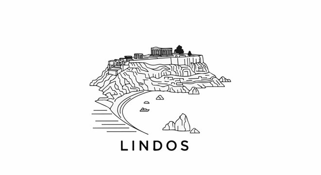 Black and white illustration of ancient ruins on a cliff overlooking the sea